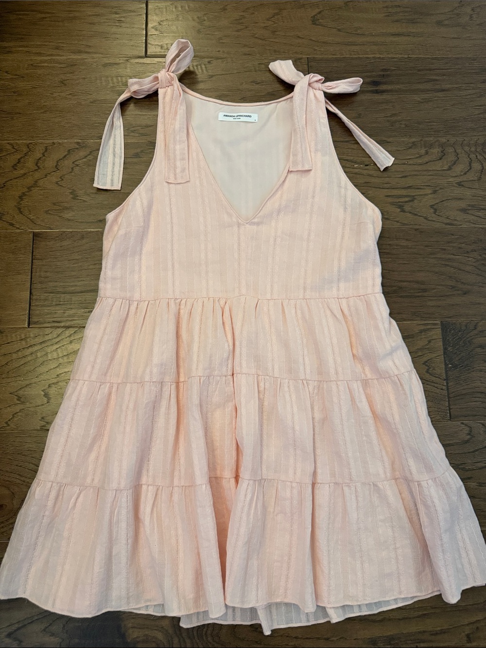 Amanda Uprichard Pruitt Pale Pink Tie-Shoulder Tiered Sundress M - Picture 2 of 11